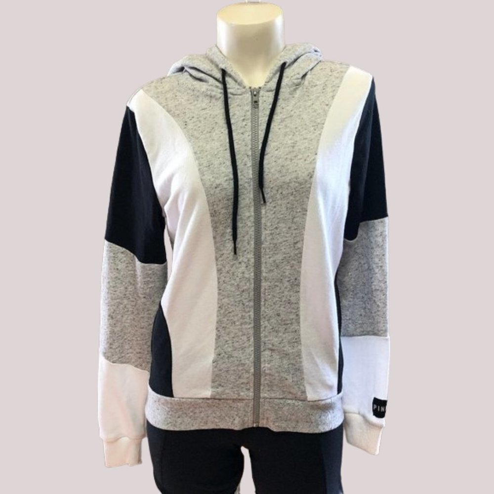 PINK 𝅺Victoria's Secret Full Zip Up Color Block Hoodie Black/White/Grey XS
